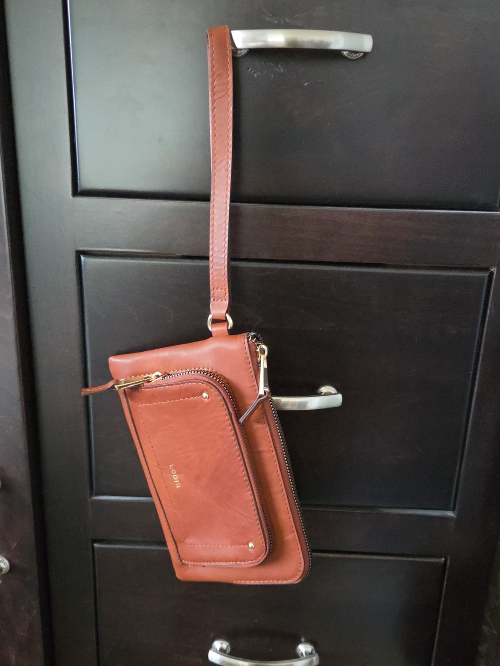 Lodis Glace Polished Leather Sling Wristlet Wallet In Chestnut
